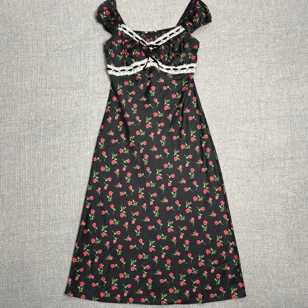 Milkmade Babydoll Lace Floral Fit Flare Dress Cottagecore Coquette Black Pink XS